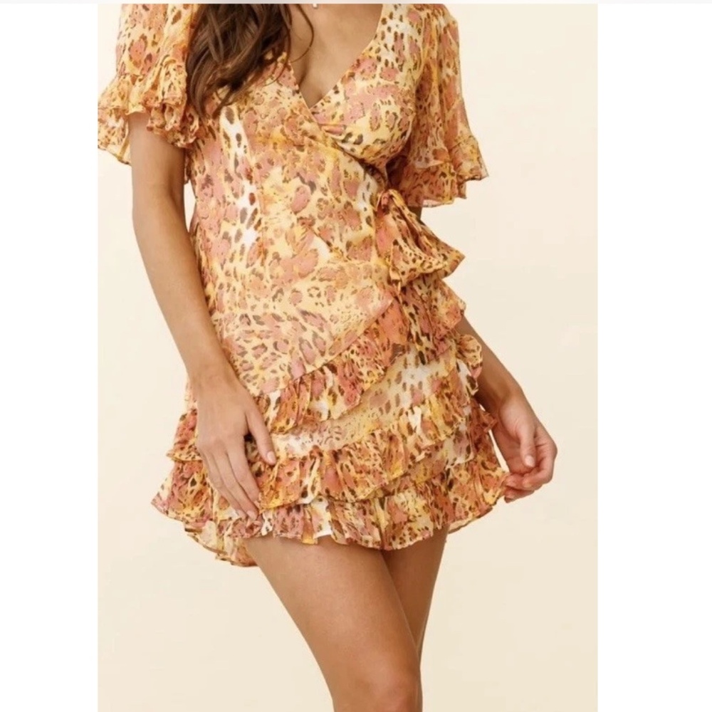 Selfie Leslie wrap ruffle trim mini dress, leopard print orange, size small